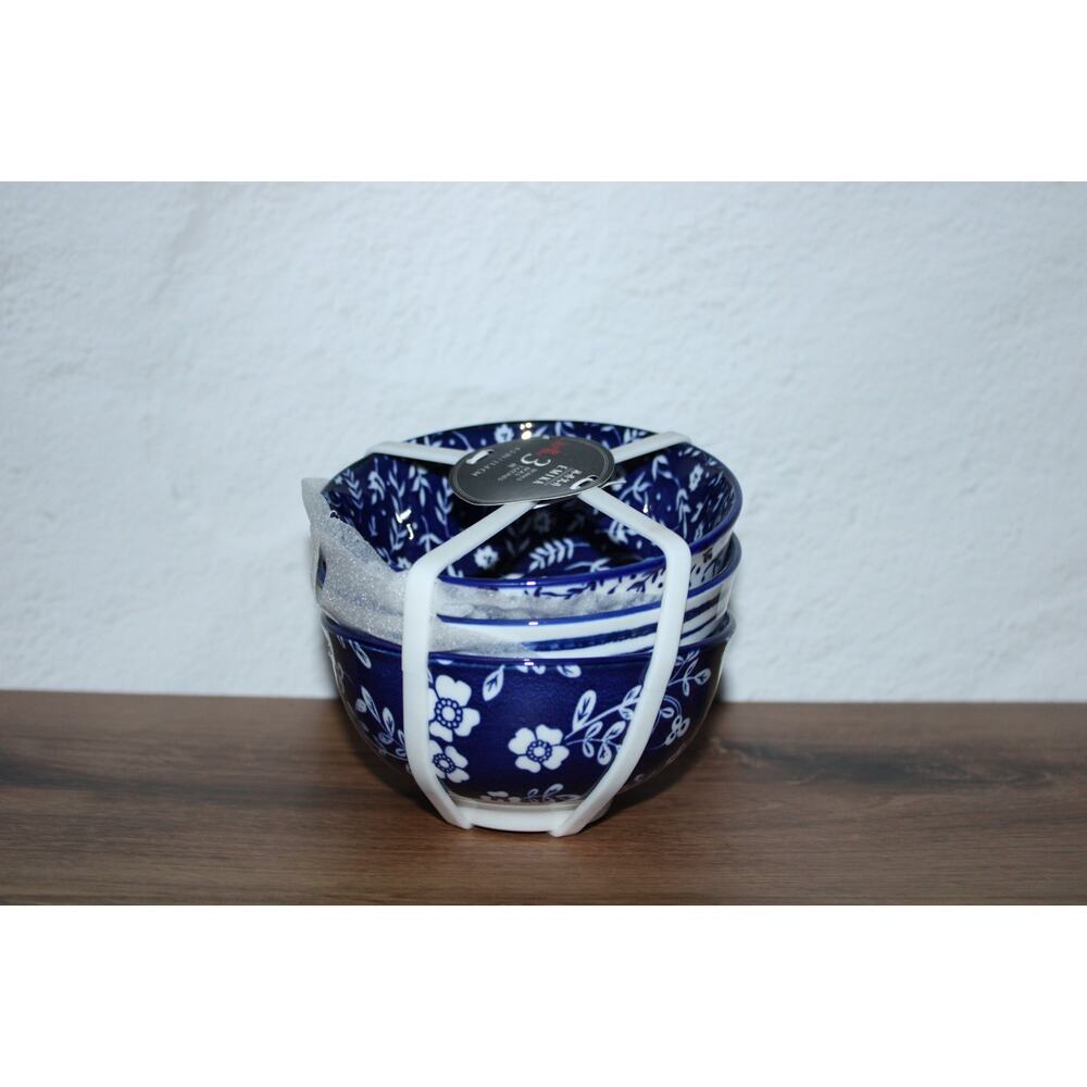 Set of 3 Blue HeritageFloral Emika Ceramic Rice Tidbit Appetizer Dip Sauce Bowls